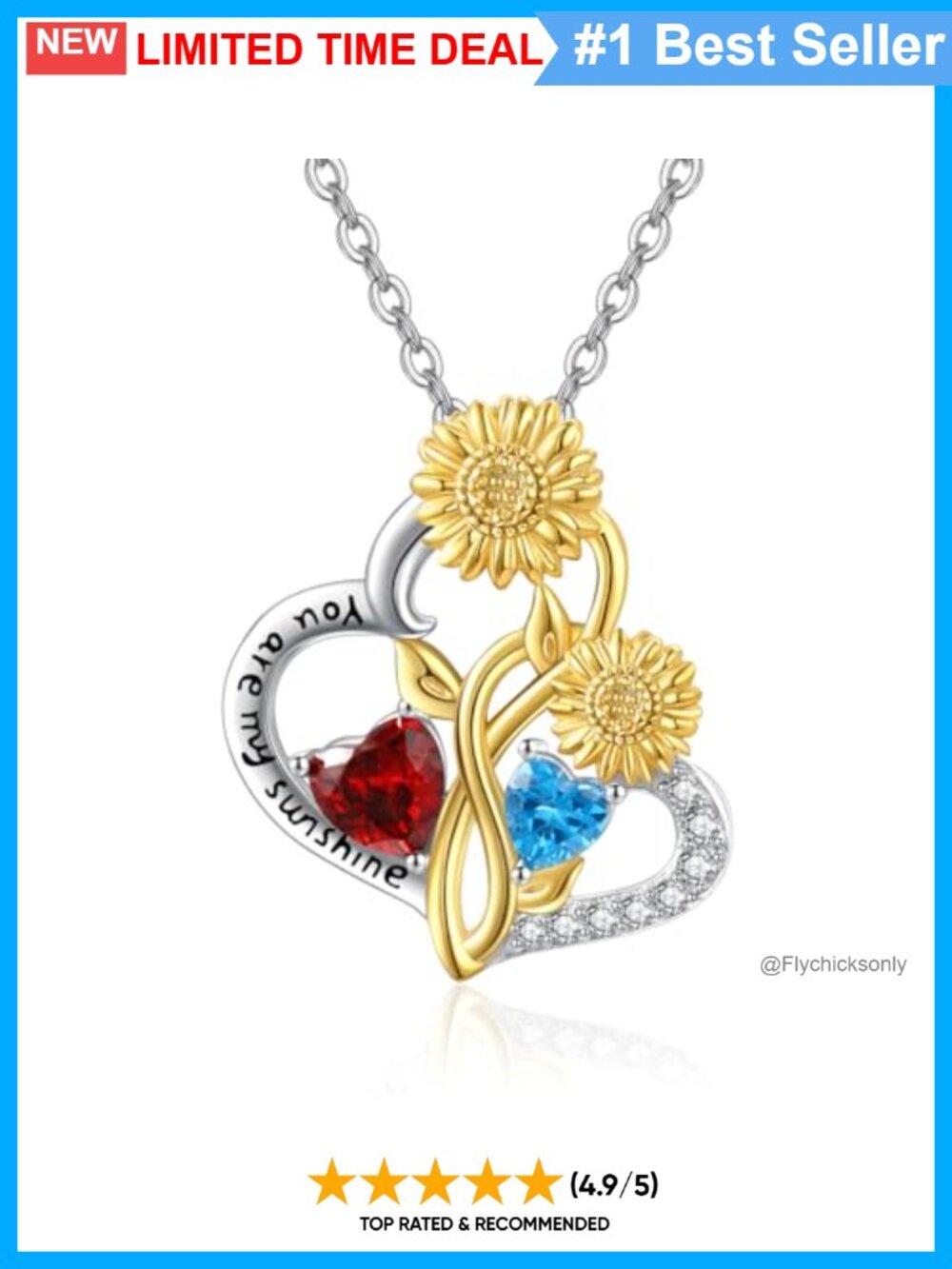 Sunflower Heart Pendant Necklace 925 Sterling Silver Double Birthstone Women